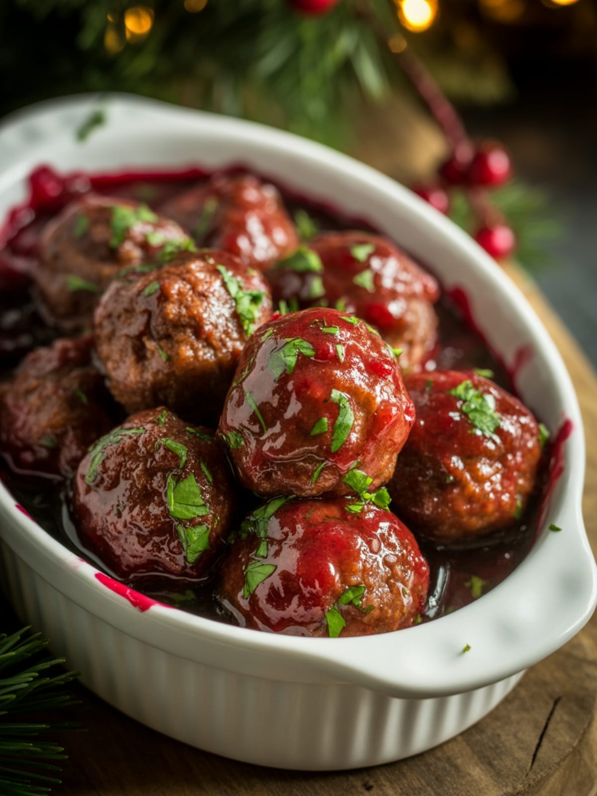 Christmas Cranberry Meatballs Garnished With Chopped Parsley