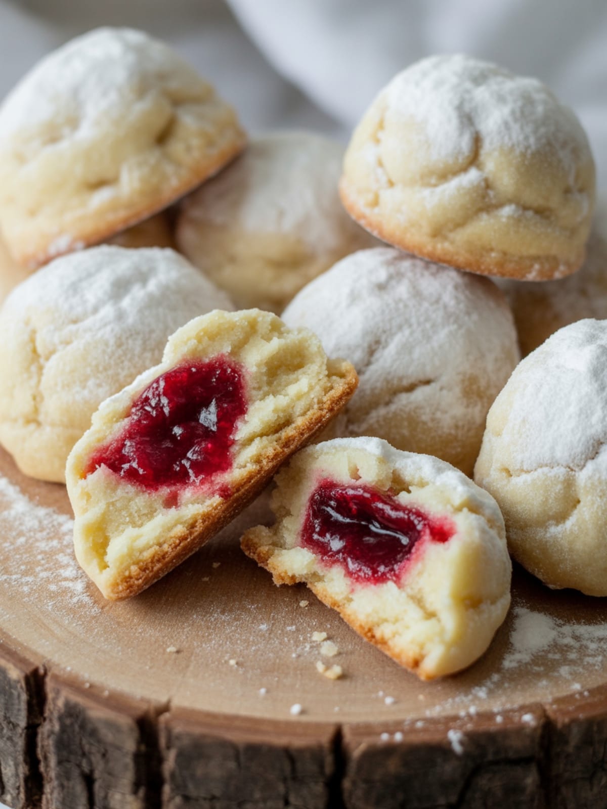 Raspberry Filled Almond Snowball Cookies