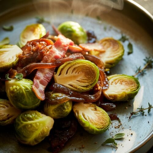 Roasted Brussels Sprouts with Bacon & Balsamic Onions
