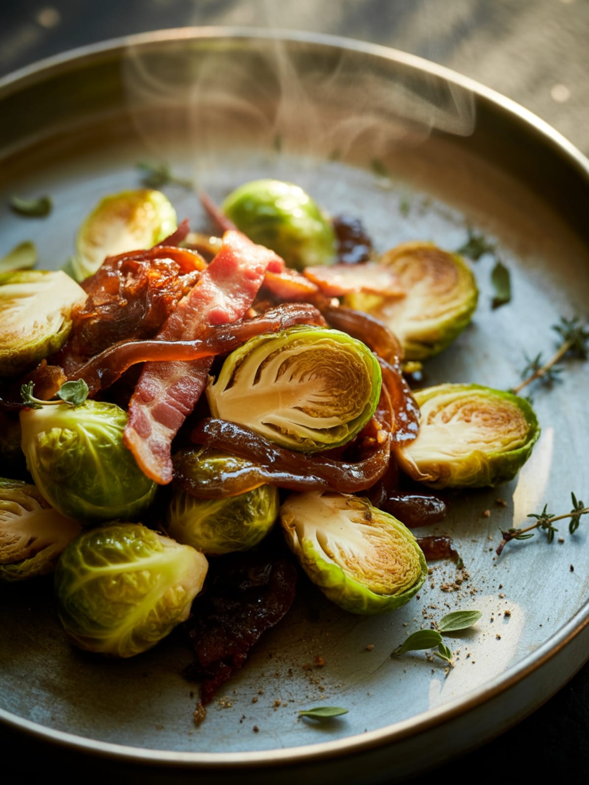 Roasted Brussels Sprouts with Bacon & Balsamic Onions