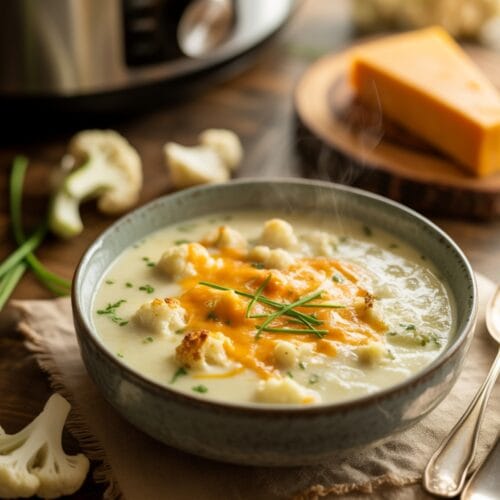 Slow Cooker Cauliflower Soup with Cheddar