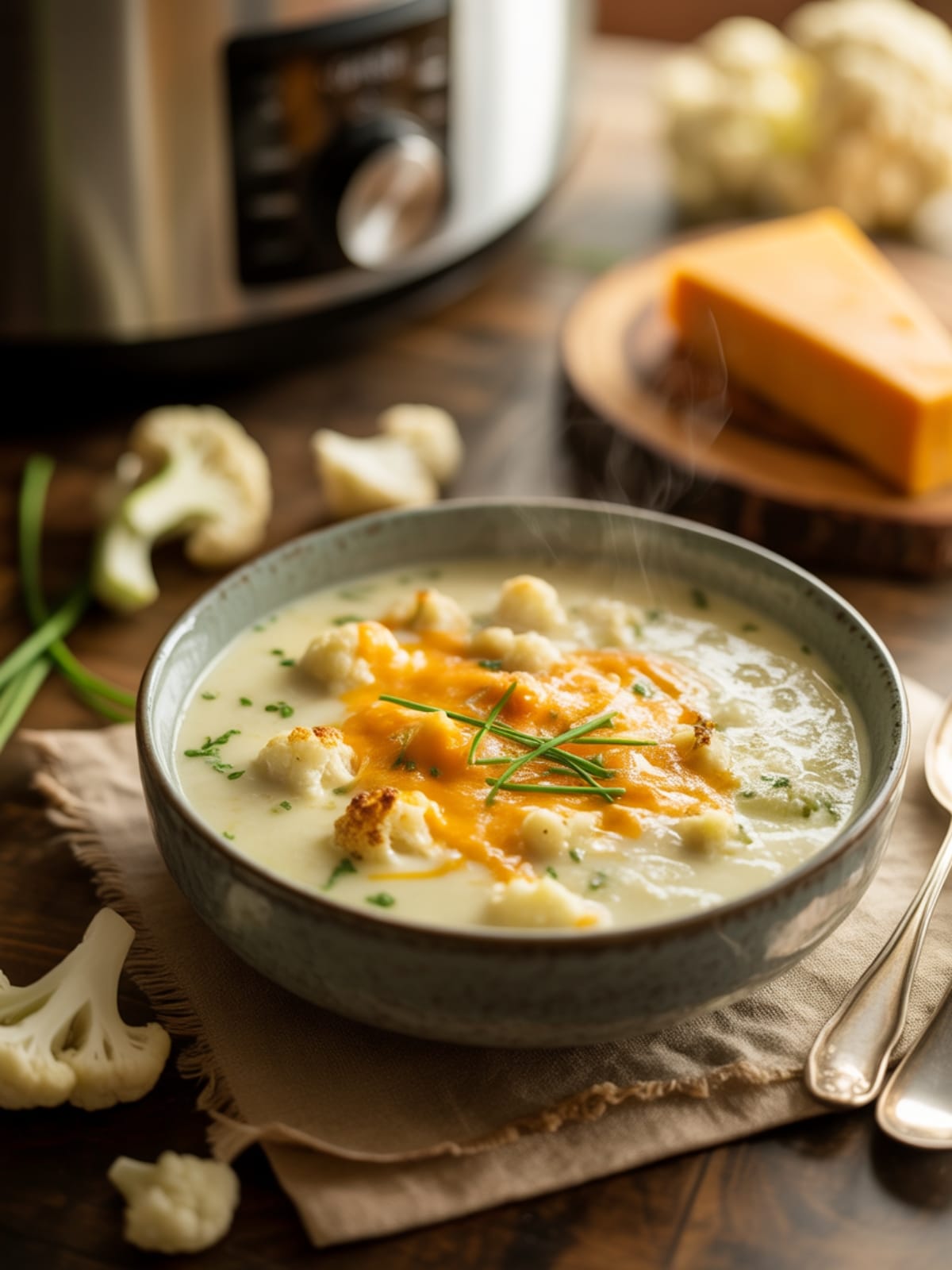 Slow Cooker Cauliflower Soup with Cheddar