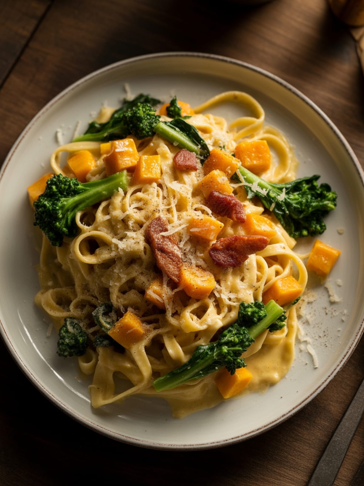 Winter Squash Carbonara with Broccoli Rabe Pasta