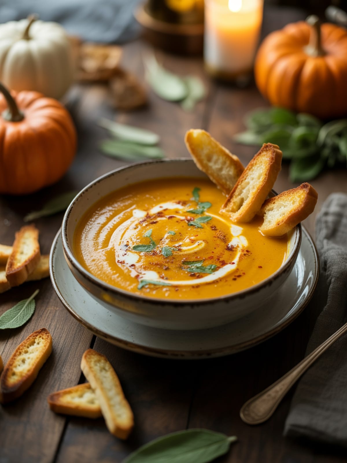 Spicy Pumpkin Soup With Gooey Grilled Cheese Croutons