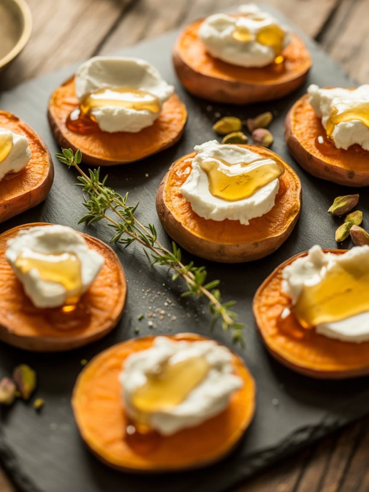 Irresistible Baked Sweet Potato Rounds with Goat Cheese & Honey